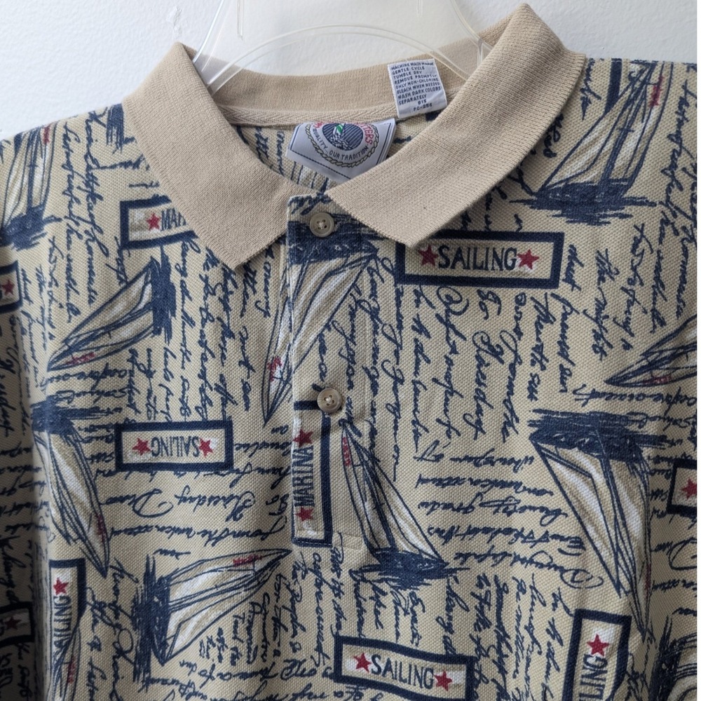 Vtg 90s Polo Shirt Tan Nautical Sailboat AOP Mens Sz L Yacht Club Preppy
